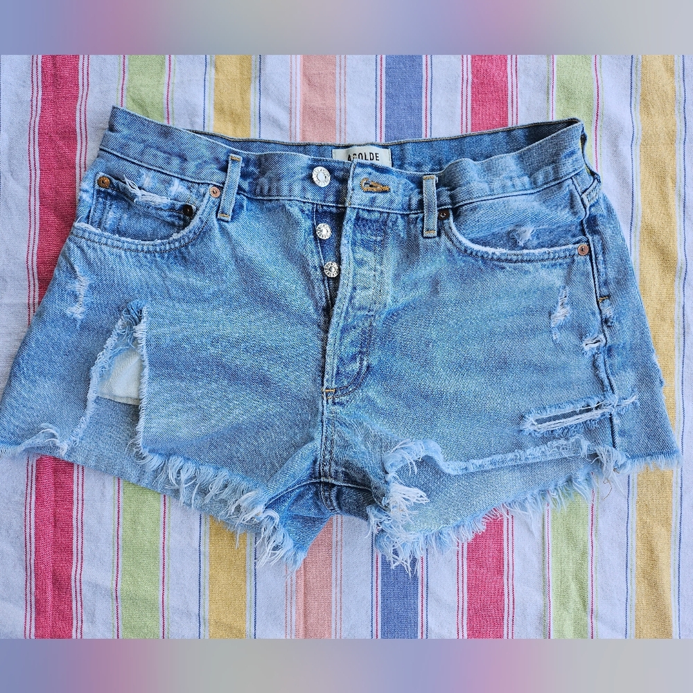 Agolde Light Blue Distressed Jean Shorts